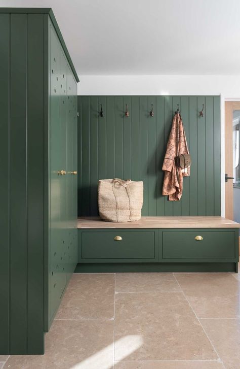 Utility Guest Room, Dark Green Utility Room, Dark Green Boot Room, Green Boot Room, Cloakroom Ideas Coats, Dark Green Wardrobe, Bootility Room, Breezeway Mudroom, Panelled Hallway