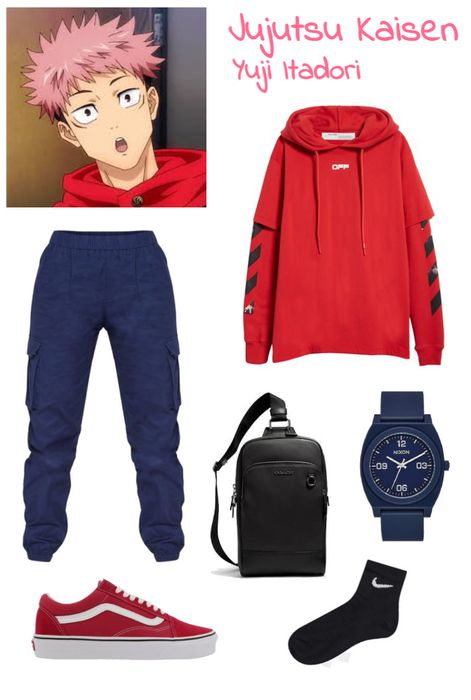 Step into the world of Jujutsu Kaisen with this stylish and androgynous Yuji Itadori-inspired outfit. Featuring bold red and blue streetwear, this look is perfect for exorcising curses in style. The outfit includes a red jacket with black accents, blue/navy cargos, and red trainers. With this Anime-inspired look, you'll be ready to take on any challenge that comes your way. Yuji Itadori Outfit Ideas, Anime Outfit Men, Yuji Itadori Outfit, Jujutsu Kaisen Outfit Ideas, Anime Inspired Outfits Men, Jujutsu Kaisen Inspired Outfits, Yuji Outfit, Jjk Inspired Outfits, Anime Fashion Outfits Inspiration