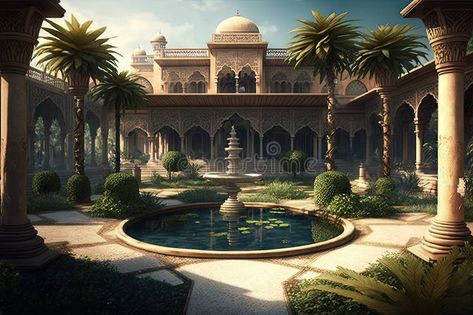 Arab Palace Garden View, Grand Hamam, Hotel, Luxurious Oriental Interiors, Abstract Generative AI Illustration royalty free stock photo Arab Palace, Arabic Palace, Arabic Garden, Palace Drawing, Arabian Palace, Japanese Palace, Morocco Interior, Arabic Architecture, Palace Garden