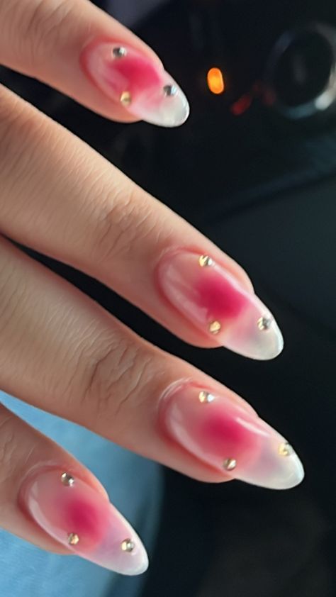 Aura Gem Nails, Plain Pink Nails With Gems, Pink Aura Nails With Gems, Simple Gel X Nails Almond, Hot Pink Nails With Gems, Unique Pink Nails, Aura Nails With Gems, Summer Nails With Gems, Pink Nails Gems