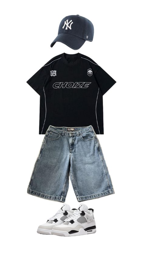 #unisex #jorts #jersey #hat Jorts Outfit, Jersey Hat, Streetwear Clothes, Baggy Clothes, Guys Clothing Styles, Jersey Outfit, Mens Outfit Inspiration, Easy Trendy Outfits, Streetwear Men Outfits