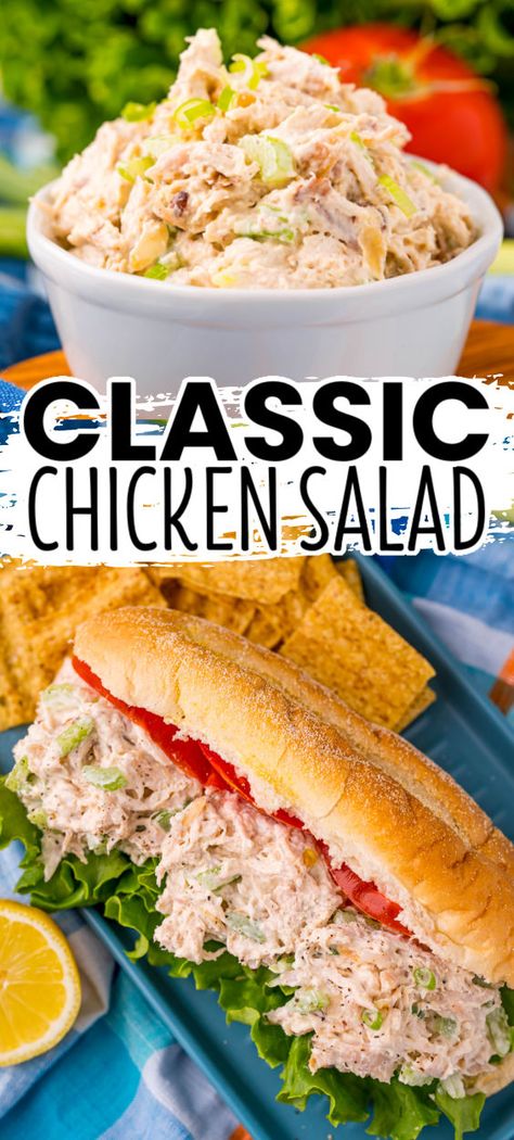 This Classic Chicken Salad recipe is a family favorite. With a tangy, creamy dressing and tasty add-ins, it's always in the clean plate club! #BreadBoozeBacon #chicken #chickensalad #chickensaladsandwich #sandwich #lunch #easydinner #backtoschool Cold Chicken Salad Sandwich, Chicken Salad For Sandwiches, Chicken Salads Sandwiches, Yummy Chicken Salad Recipe, Chicken Cold Sandwich, Chicken Salad Recipe With Canned Chicken, Traditional Chicken Salad Recipe, Chicken Breast Sandwich Ideas, Chicken And Coleslaw Sandwich