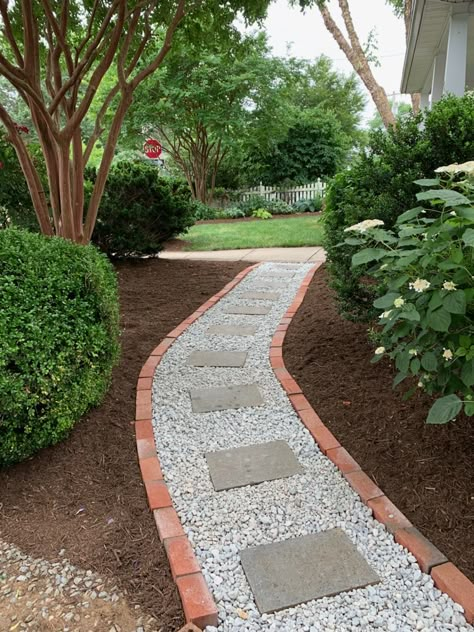 Brick Lined Walkway, Backyard Walkway Ideas Pathways, Paver Walkway Ideas, Backyard Pathway, Backyard Walkway, Walkway Landscaping, Side Yard Landscaping, Walkways Paths, Rock Garden Design