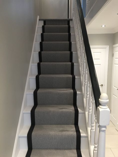 Grey Carpet Installed as a Stair Runner in Notting Hill Grey Carpet Runner, Bedroom Radiators, Gray Stair Runner, Grey Stair Carpet, Stairway Ideas, Gray Stairs, Victorian Hallway, Hallway Designs, Painted Stairs