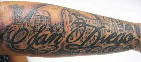 like Anniversary Traditions, San Diego Tattoo, Skyline Tattoo, San Diego Shopping, San Diego Skyline, Tattoo Design Book, San Diego Chargers, Tiger Tattoo, Custom Tattoo