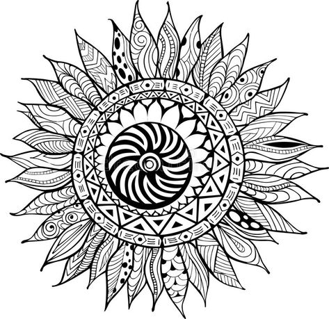 Hand drawn zentangle sunflowers ornament for coloring book royalty free illustration Mandala Drawing Flower, Sunflower Mandala Drawing, Sunflower Coloring Pages, Sunflower Mandala, Tumblr Hipster, Paisley Flower, Mandalas Drawing, Mandalas Design, Bohemian Art