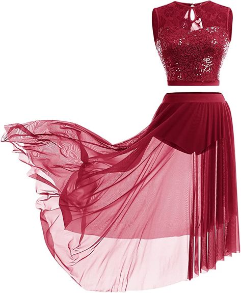 Red Lyrical Dance Costumes Dresses, Lyrical Costumes Flowy, Red Dance Costumes Contemporary, 2 Piece Dance Costumes, Red Contemporary Dance Costume, Flowy Dance Costumes, Red Lyrical Dance Costumes, Contemporary Outfits Dance, Flowy Dance Dress