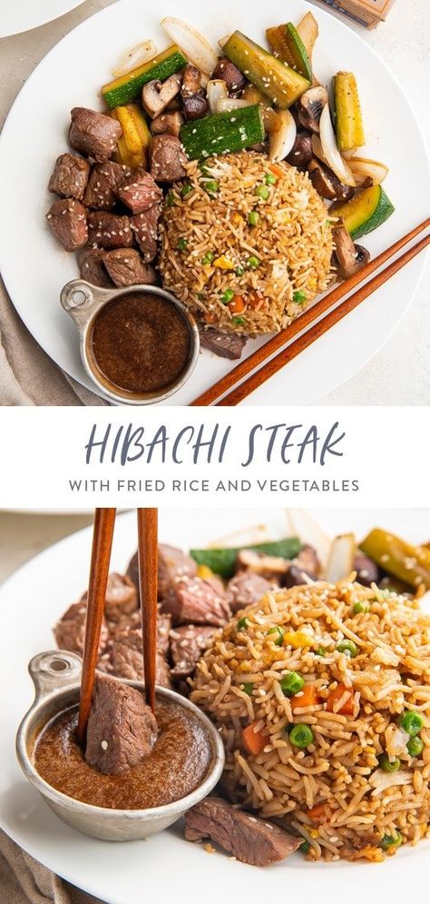 Japanese Steak And Rice, Hibachi Steak Fried Rice Recipe, Steak Japanese Recipes, Hibachi Fried Rice In Wok, Dinner Ideas Hibachi, Homemade Hibachi Fried Rice, Habachi Steak Bowl, Hibachi Style Noodles, Habachi Steak Marinate