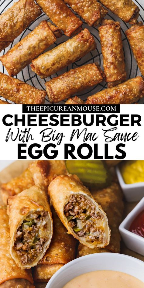 This cheeseburger egg roll recipe has all the beefy and cheesy goodness found in your traditional burger. Each egg roll wrapper is filled with a delicious cheeseburger filling, fried until crispy and served with a creamy Big Mac sauce. Bacon Cheese Burger Egg Rolls, Meatball Egg Rolls, Best Takeout Food, Cheeseburger Egg Roll Recipes, Cajun Chicken Egg Rolls, Unique Eggroll Recipe, Diy Fast Food Recipes, Recipes That Use Egg Roll Wrappers, Cooked Lunch Ideas