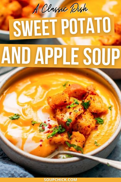 Sweet Potato And Apple Soup Sweet Potato Lemongrass Soup, Fall Potato Soup, Maple Bacon Sweet Potato Soup, Butternut And Sweet Potato Soup, Sweet Potato And Apple Soup, Ham And Sweet Potato Soup, Sweet Potato Apple Recipes, Pumpkin And Sweet Potato Soup, Japanese Sweet Potato Soup