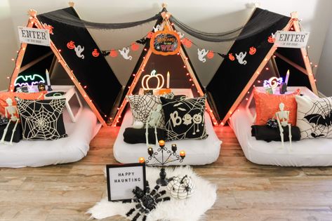 Halloween Sleepover Party, Adult Sleepover, Wedding Teepee, Ultimate Sleepover, Halloween Candlesticks, Party Tent Rentals, Sleepover Tents, Birthday Sleepover Ideas, Halloween Sleepover