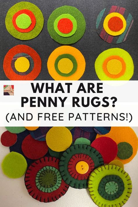 What is a penny rug? It's not a rug! Learn the history of penny rugs and find many free penny rug patterns, both old and new designs. Wool Penny Rug Patterns Free Printable, Penny Rugs Tutorial, Penny Rugs Primitive, Wool Penny Rugs, Wool Applique Patterns Templates Free Printable Penny Rugs, Wool Penny Ideas, Wool Applique Patterns Free, Primitive Rug Hooking Patterns Free, Penny Rugs Patterns Free