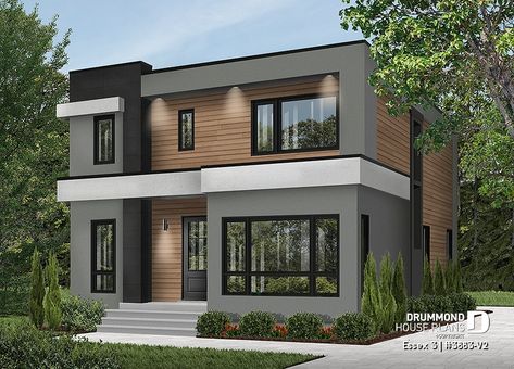 House plan 3 bedrooms, 2.5 bathrooms, 3883-V2 | Drummond House Plans Modern Contemporary House Plans, Drummond House Plans, Two Story House, Modern Contemporary Homes, Modern Style House Plans, Contemporary Style Homes, Contemporary House Plans, Modern House Plan, House Front Design