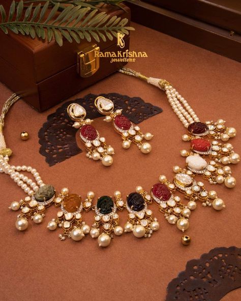 Navrattan Set, Navaratan Necklace, Navaratna Earrings, Navratan Earrings, Navratan Set, Navratan Necklace, Light Weight Gold Jewellery, Necklace With Earrings Set, Rama Krishna