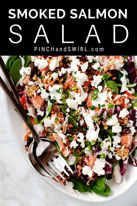 Of the Smoked Salmon Salad recipes I've made, this is my favorite! Served cold, it's a healthy, easy salad that's perfect for an easy lunch or brunch dish! Made with farro and goat cheese, but you can easily swap in quinoa (for gluten free diets) and feta if you're not a fan of goat cheese. Perfect with a little avocado added too! Recipes With Cold Smoked Salmon, Smoked Salmon Salad Recipes, Smoked Salmon Salad, Crab Salad Recipe, Salmon Salad Recipes, Smoked Salmon Recipes, Brunch Spread, Goat Cheese Recipes, Easy Salad