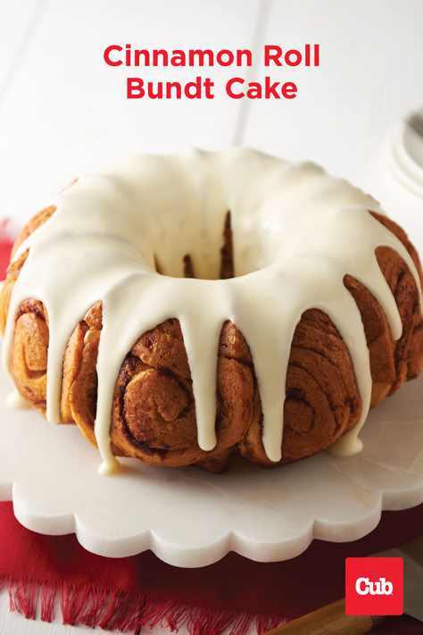 Cinnamon Roll Bundt Cake on a white platter. Canned Cinnamon Roll Bundt Cake, Bundt Pan Recipes Breakfast, Cinnamon Roll Bundt Cake Easy, Cinnamon Roll Bundt Cake, Cinnamon Bun Cake, Breakfast Bundt Cake, Bundt Pan Recipes, Waffles Breakfast, Easy Bundt Cake