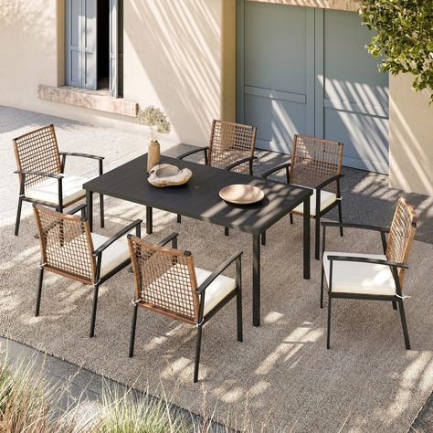 Buy LAUSAINT HOME 7 Pieces Patio Dining Set, 6 Outdoor Dining Chairs with Beige Cushions & 1 Rectangular Table at Walmart.com Rattan Chairs, Outdoor Wicker Furniture, Beige Cushions, Wicker Chairs, Aluminum Table, Garden Furniture Sets, Rattan Chair, Glass Top Table, Patio Dining Set