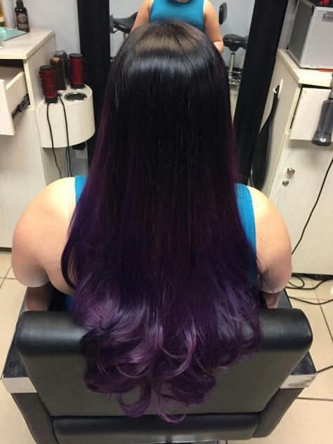 Hair Colour Only Ends, Purple And Black Ombre Hair, Black Fade Into Purple Hair, Purple Ombre On Black Hair, Dark Purple Ends Hair, Purple Bottom Hair, Dyed Ends Of Hair Brunettes Purple, Purple Hair Layers, Black Purple Hair Ombre