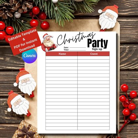 Looking for an editable Christmas Party sign-up sheet? Or maybe you just want an instant download. This Christmas Party sign-up sheet comes in 2 forms-editable on Canva or a PDF which you can just download (non-editable). This sign-up sheet comes in 2 styles, choose the style you like! #christmasparty #christmaspartysignup #christmaspartysheet Christmas Party Sign Up Sheet, Christmas Party Sign, Merry Christmas Writing, Star Wars Font, Christmas Fonts Free, Fonts Christmas, Christmas Font, Work Christmas Party, Christmas Date