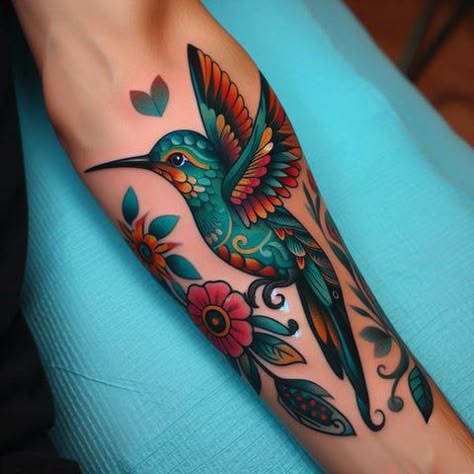 Hummingbird Tattoo Embroidery, Traditional Style Tattoo Designs, 1950 Tattoo, Neotraditional Bird Tattoo, Alebrijes Tattoo, Alebrije Tattoo, Traditional Hummingbird Tattoo, Hummingbird Flower Tattoos, Tattoo Cover Ups