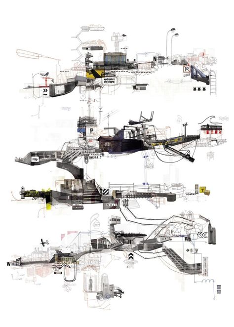 [Image: From Project 360º by Frank Dresmé]. Here’s an old project by Dutch graphic designer Frank Dresmé. Called Project 360º, it used the idea of the “transect” as a way to map a… Architecture Collage, Concept Diagram, Architecture Graphics, Architectural Sketch, Education Architecture, Diagram Architecture, Architecture Portfolio, Architecture Presentation, Architecture Sketch