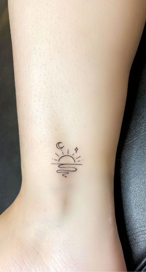 Tattoo Ideas Female Small Ocean, Sun Moon Star And Planet Tattoo, Cute Sunset Tattoo, Small Moon And Sun Tattoo Designs, Sun Moon Stars Sea Tattoo, Ocean Tattoo Small Simple, Moon And Ocean Tattoo Designs, Sun Moon Sky Tattoo, Star And Ocean Tattoo