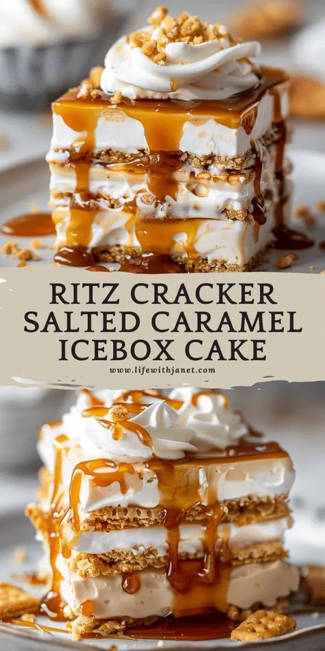 Ritz Cracker Salted Caramel Icebox Cake Ritz Cracker Caramel Ice Box Cake, Ritz Salted Caramel Icebox Cake, Pumpkin Icebox Cake Graham Crackers, Caramel Ritz Crackers Dessert, Ritz Cracker Cake, Flaky Dessert With Soda Crackers, Salted Caramel Ritz Cracker Ice Box Cake, Salted Caramel Icebox Cake, No Bake Layered Desserts