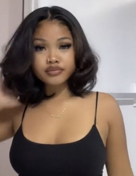 Short Yaki Straight Hair, Short Bob With Layers Black Women, Side Part Bob Silk Press Natural Hair, Short Bobs Natural Hair Black Women, Layers On Short Hair With Bangs, Neck Length Bob With Layers, Straight Bobs For Black Women, Almost Shoulder Length Hair, Buss Down Middle Part Bob