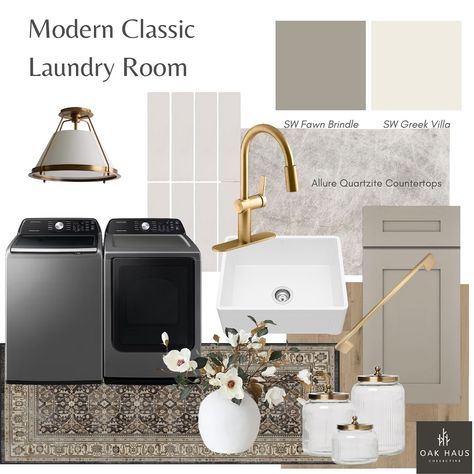 ✨Done-for-you Design | Modern Classic Laundry Room If you are looking for a darker warm griege cabinet color @sherwinwilliams Fawn Brindle is where it’s at! Paired with a warm white like SW Greek Villa and gold pulls, I am loving the classic look with a touch of moodiness. To shop this space and all my designs: ➕Comment “SHOP” and I’ll DM you the links! ➕Download the @shop.Itk app or visit the website www.shopltk.com ➕Head to the link in bio Then search for Oak Haus Collective to view ... Laundry Room With Gold Accents, Taupe Laundry Room Cabinets, Black White Gold Laundry Room, Dark Laundry Room Ideas, Taupe Laundry Room, Classic Laundry Room, Laundry Backsplash, Sw Greek Villa, Taupe Cabinets