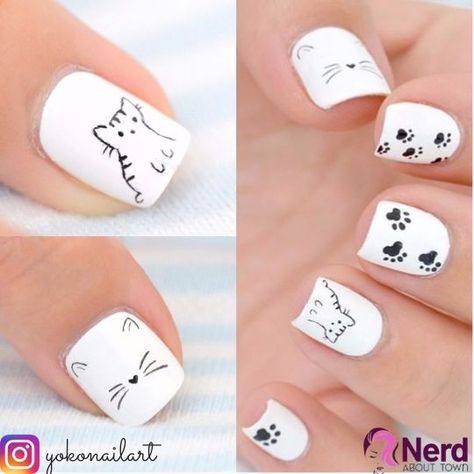 Cat Nail Designs, Cat Nail Art, Hair White, Animal Nails, Nails White, White Nail Designs, Cat Nails, Cute Nail Art, Short Acrylic Nails