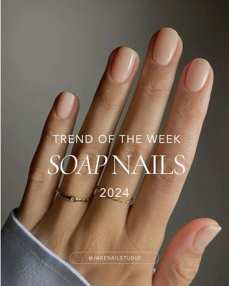 Soap Nails involve a clean base with perfectly buffed, trimmed, and filed nails plus a super glossy finish that gives off a “wet” effect. We love this look with a pink see-through finish or a milky-nude finish, similar to milk nails. The key element is the super glossy finish that makes these look like you just got out of a bubble bath. ☎️ Book today and ask for “Soap nails” #soapnails #trends #nailsinspiration #miami #doral #makeupnomakeup #nailsnailsnails Soap Nails 2024, Soap Manicure, Soap Bubble Nails, Soap Nails, Milk Bath Nails, Milk Nails, Bubble Nails, Jade Nails, Nails Trends