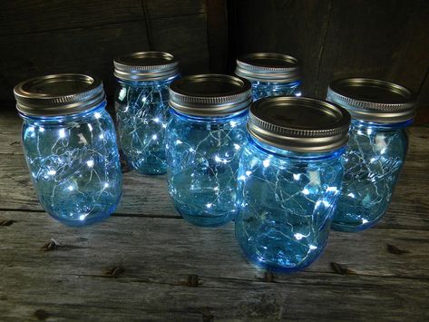 Outdoor Night Wedding, Mason Jar Fairy Lights, Blue Mason Jars, Garden Party Birthday, Sweet 16 Birthday Party, Bonfire Night, Led Fairy Lights, 18th Birthday Party, Mason Jar Lighting