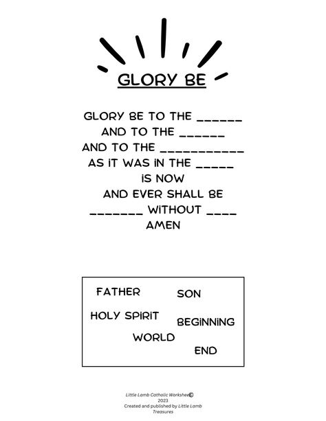 teaching children the glory be prayer printable - - Image Search Results Easter Bible Crafts, Glory Be Prayer, Formation Ideas, Catholic Kids Activities, Religion Activities, Kids Worksheet, Bible Worksheets, Our Father Prayer, Glory Be