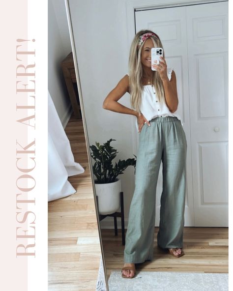 Flowy Pants Outfit, Linen Pants Outfit, Wide Leg Pants Outfit, Summer Outfits Black, Elegante Casual, Flowy Pants, Wide Leg Linen Pants, Green Pants, Mode Inspo