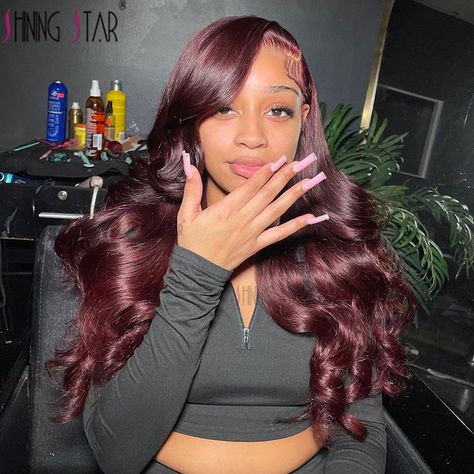 32" Lace Front Wigs Human Hair 13X4 13X6 Body Wave Lace Frontal Wig Transparent Brazilian Bone Dark Burgundy Wig Black Women, Side Part Burgundy Wig, Burgundy Side Part Wig, Red Wig Black Women, 99j Hair Color Black Women, Burgundy Wig Install, Dark Burgundy Wig, Maroon Wig, Burgundy Frontal Wig