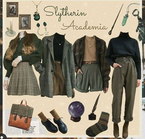 Villan Era Hair, Slytherin Dark Academia Outfits, Hogwarts Dress Inspired Outfits, Dark Academia Slytherin Outfit, Hogwarts Style Inspired Outfits, Hogwarts Academia Outfit, Green Academia Aesthetic Outfits, Green Academia Clothes, Dark Green Academia Outfit