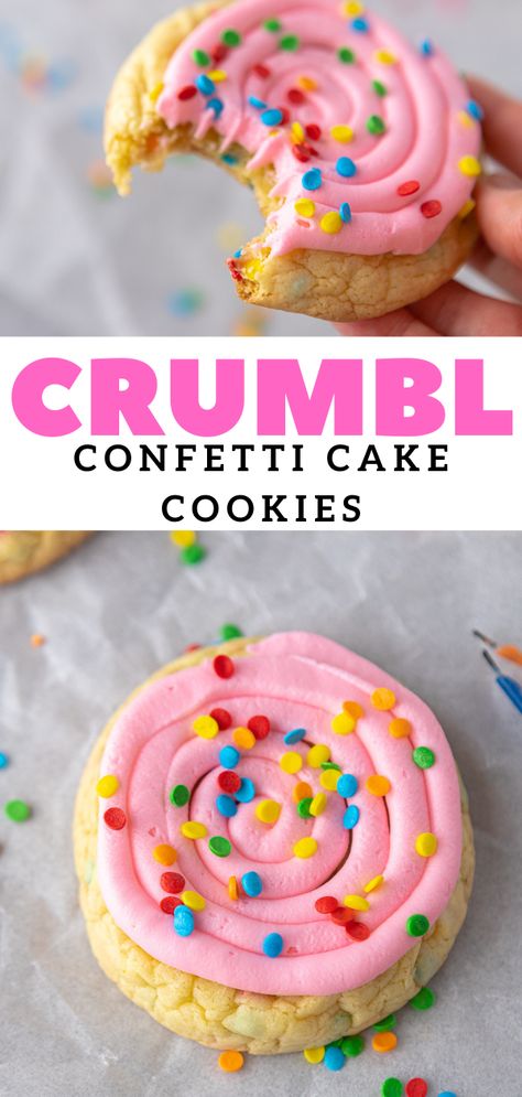 Crumbl Confetti Cake Cookies- Funfetti cookies - Lifestyle of a Foodie Crumble Cookie Copycat Recipe Funfetti, Cake Batter Crumble Cookie, Nilla Bean Cupcake Crumbl Cookie, Crumbl Birthday Cake Cookies, Four Ever Sweet Birthday Cookies, Pride Month Baked Goods, Birthday Cake Cookies Recipe, Funfetti Treats, Cute Cookie Ideas