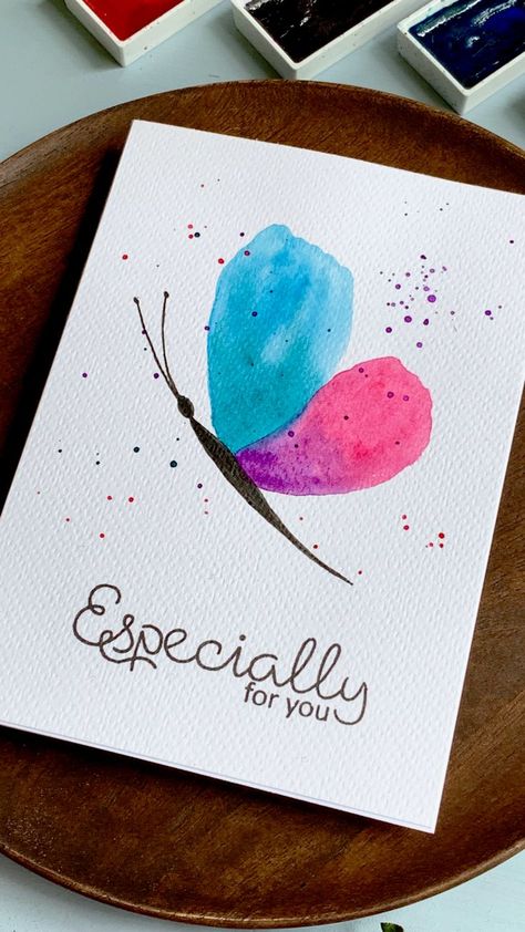 Making Watercolor Cards, Butterfly Christmas Card, Easy Homemade Cards Simple, Diy Card Watercolor, Watercolor Greeting Cards Simple, Watercolour Cards Ideas Simple, Handmade Painted Cards, Diy Watercolor Cards Birthday, Easy Watercolor Birthday Card