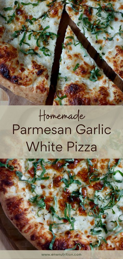 White Sauce Recipe For Pizza, Olive Oil Based Pizza, White Cheese Pizza, White Pizza Topping Ideas, Garlic Parmesan Pizza Sauce, White Garlic Pizza Sauce, Garlic Parmesan Pizza, Garlic White Pizza, Homemade White Pizza