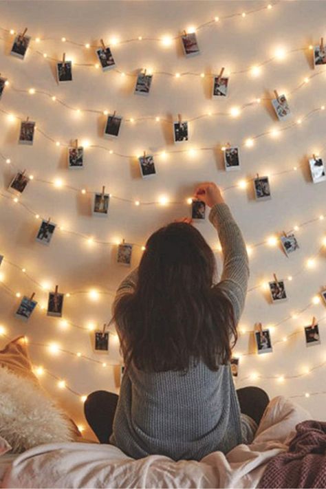 Create your own fairy tale picture wall art with these extraordinarily beautiful light strings. Use these pretty little lights with wooden pins, to create a romantic atmosphere to your bedroom, wedding, or for some other special, unforgettable moment. #bedroomdecor #teenroom #lights #photodisplay #fairylights #stringlights #weddingdecor Teenage Room, Dorm Lighting, Picture Wall Bedroom, Light Picture Wall, String Lights In The Bedroom, Best Christmas Lights, Fairy Lights Bedroom, Outdoor Bedroom