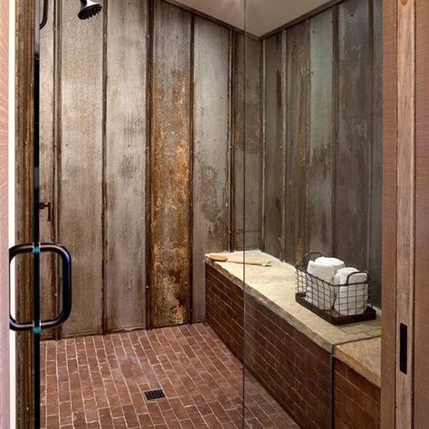 Metal shower walls! What a great idea for a bathroom - part of this stunning farmhouse tour with lots of creative decorating ideas eclecticallyvintage.com Baie Vintage, Brick Farmhouse, Brick Floor, Rustic Shower, Farmhouse Shower, Urban Farmhouse, Farmhouse Master, Rustic Bathrooms, Kitchen Farmhouse