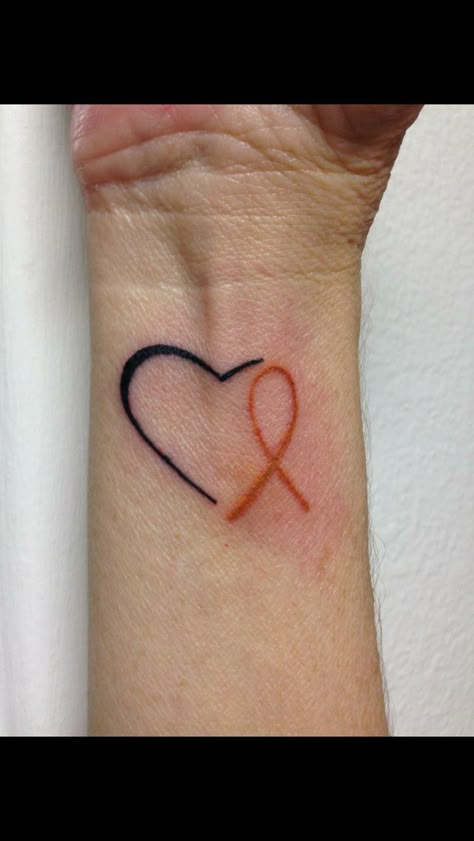 Heart with orange ribbon Tattoo With Mother, Tattoo Awareness, Orange Ribbon Tattoo, Purple Ribbon Tattoos, Awareness Tattoos, Tuscan Bread, Pink Ribbon Tattoos, Survivor Tattoo, Brain Tattoo