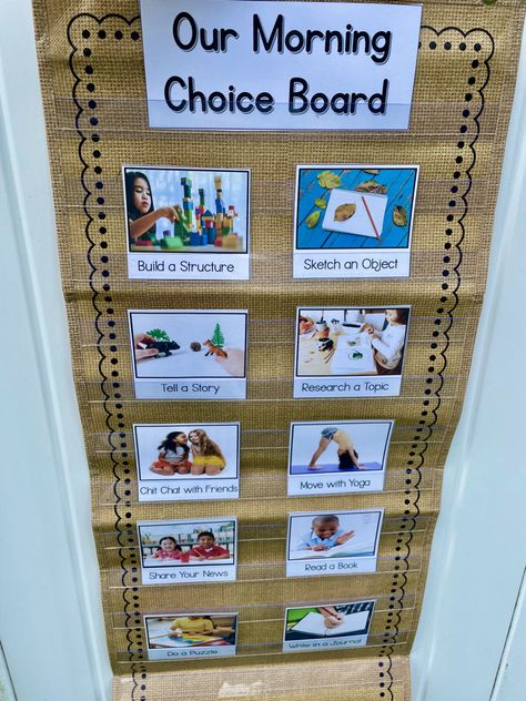 Discover active and alternative ideas to morning work to create a soft start to your day. Use a morning choice board during arrival time to give preschool, kindergarten, and first grade children open-ended choices to start their day. Activities include building, sketching, yoga, writing news, reading books, puzzles, writing in a journal, telling a story and more. For easy set up, place materials in tubs or bins and set them on tables for kids to enjoy upon entering the classroom each morning. Reggio Kindergarten Activities, Morning Work Choice Board, Morning Choice Activities, Morning Arrival Activities Preschool, Open Ended Centers Kindergarten, Writing Center Set Up Kindergarten, Preschool Choice Board, Choice Time Activities, Prek Morning Meeting Board