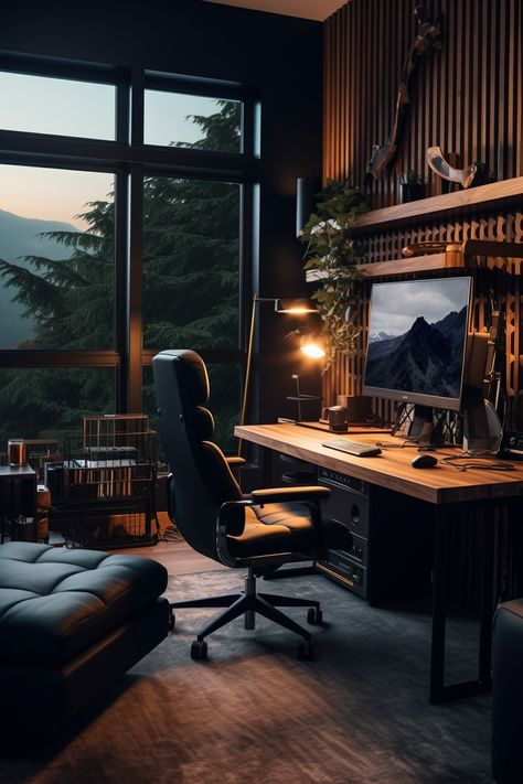 Moody Gamer Room, Home Office Minimalist Workspace, Home Office Masculine Modern, Dark Blue Office Aesthetic, Mens Small Office, Dark Industrial Office, Mens Modern Office, Industrial Room Aesthetic, Nature Pc Setup