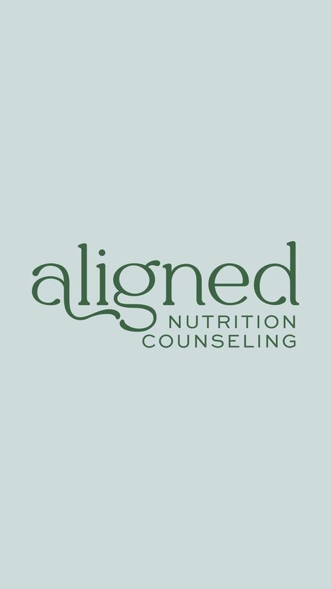 Graphic with a light blue background that features the primary logo of the Aligned Nutrition Counseling brand created by Chloe Creative Studio. The logo is in dark green and has the word "aligned" the largest in a simple serif font. Underneath, the phrase "nutrition counseling" is in all caps to the bottom right. Fitness And Nutrition Logo, Nutrition Coach Logo, Holistic Health Branding, Health And Wellness Branding, Dietitian Logo Design, Dietician Logo, Nutrition Website Design, Dietitian Logo, Counselling Logo