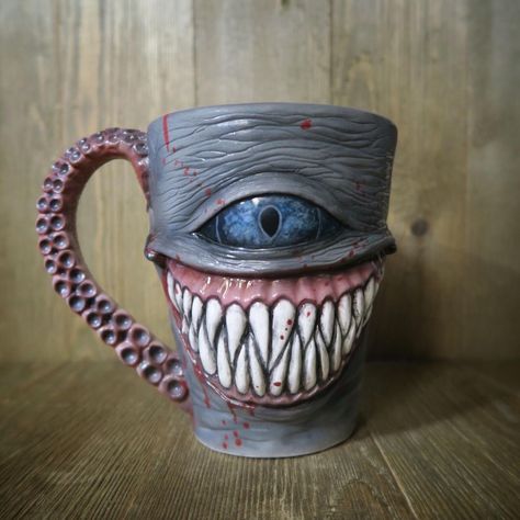 Goth Ceramics, Monster Mugs, Monster Mug, Ceramic Monsters, Clay Monsters, Sculpture Art Clay, Ceramic Inspiration, Face Mug, Clay Mugs