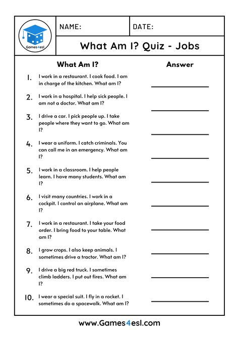 This easy English quiz is great for English lessons about jobs and occupations. This printable quiz has ten 'What Am I?' questions about jobs. Download and use in class today. Who Am I Game Questions, English Quiz With Answer, Who Am I Quiz Questions, What Am I Questions, Activities For English Class Ideas, What Worksheet, Quiz Questions For Kids, Jobs In English, Jobs Worksheet