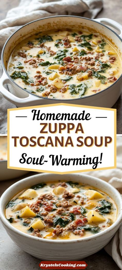 Homemade Zuppa Toscana Soup: Enjoy this easy Olive Garden-inspired soup recipe. Packed with kale and sausage, it’s a delicious and comforting stovetop dish! Stovetop Zuppa Toscana Soup, Olive Garden Italian Sausage Soup, Best Zuppa Toscana Soup Recipe, Best Soup Ever Homemade, Zips Tuscana Soup, Cooking Classy Recipes Soups, Yummy Fall Soups, Zuppa Toscana Soup Olive Garden Stovetop, Homemade Zuppa Toscana Soup