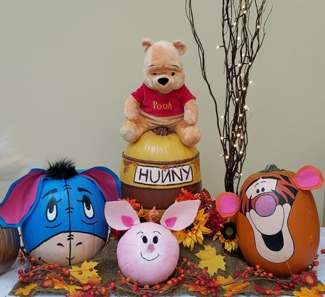 Winnie the Pooh and Friends painted pumpkins.  Eeyore, Hunny Pot, Pigle, and Tigger. Winnie The Pooh Pumpkin, Disney Pumpkin Painting, Pooh Characters, Hunny Pot, Halloween Pumpkin Crafts, Creative Pumpkin Painting, Creative Pumpkin Decorating, Character Pumpkins, Pumpkin Decorating Contest