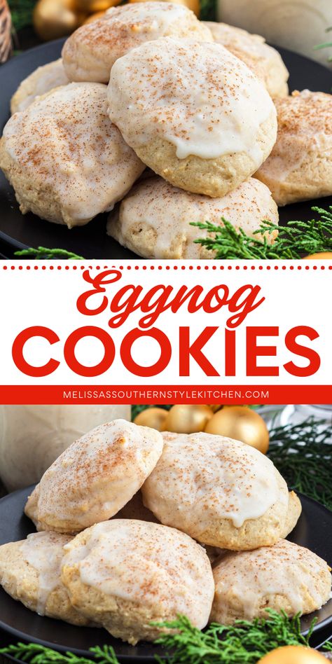 Get ready for some easy holiday baking from scratch! Soft with a sweet and creamy eggnog glaze, these are one of the best Christmas cookies ever. Save this pin and enjoy a batch of this eggnog cookie recipe today! Best Eggnog Cookies, Eggnog Cutout Cookies, Eggnog Cut Out Cookies, Eggnog Bars Recipe, Eggnog Snowball Cookies, Egg Nog Icing, Soft Eggnog Cookies, Egg Nog Sugar Cookies, Eggnog Cookies Christmas